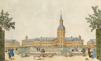 Gartenansicht des Schlosses um 1780, mit dem Turm in seiner alten Gestalt.<br />StadtAK 8/PBS XIVa 455
