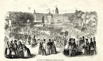 Jahrmarkt auf dem Schlossplatz am 4. Oktober 1853. Tribünen für Geschicklichkeitsspiele gehörten zu den Attraktionen.  <br />StadtAK 8/PBS XI 1758