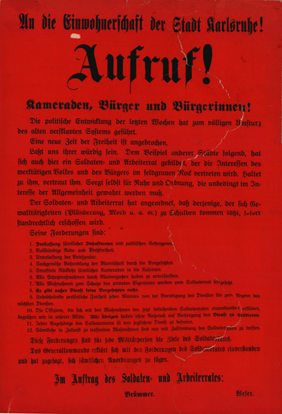 Aufruf des Karlsruher Arbeiter- und Soldatenrats an die Karlsruher Bevölkerung, November 1918. StadtAK 8/PBS X 1130