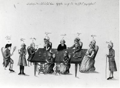Die Gesellschaft Zum Haarenen Ring, in der Männer und Frauen gleichberechtigt waren, bei einer ihrer Sitzungen. StadtAK 8/PBS oIV 165