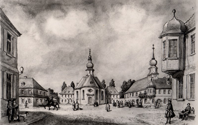Der Karlsruher Marktplatz nach 1728. In der Mitte die Konkordienkirche, rechts davon das erste Rathaus der Stadt. <br />StadtAK 8/PBS oXIIIb 151