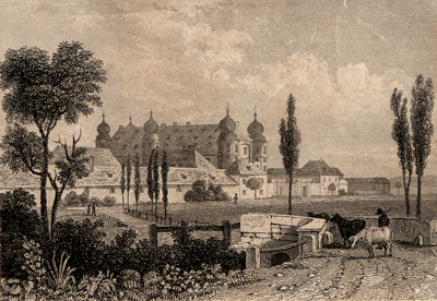 Blick auf Schloss Gottesaue um 1830. <br />StadtAK 8/PBS oXIVa 237