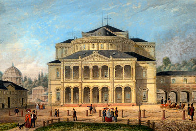 Das neue, von Heinrich Hübsch geplante Hoftheater eröffnete 1853 seine erste Spielzeit.  <br />StadtAK 8/PBS oXIVa 376