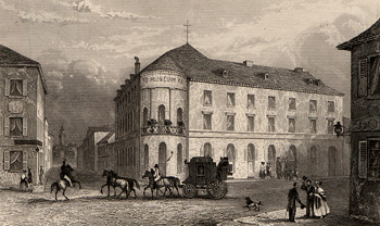Gebäude der Museumsgesellschaft, Nordostecke Lange Straße/Ritterstraße. Der Weinbrennerbau wurde 1835 durch Hübsch vergrößert und brannte 1918 nieder.  <br />StadtAK 8/PBS oXIVa 627