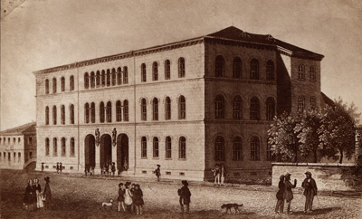 Das Gebäude der Polytechnischen Schule an der Langen Straße. Der Bau wurde 1863 nach Osten erweitert.  <br />StadtAK 8/PBS oXIVd 56
