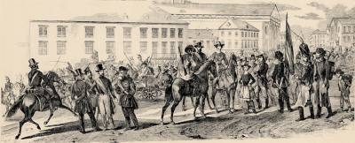 Einzug der pfälzischen Freischaaren in Karlsruhe am 19. Juni 1849.<br />StadtAK 8/PBS V 273