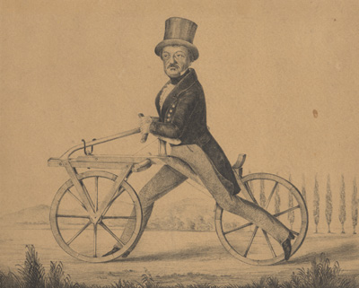 Karl Friedrich Drais von Sauerbronn auf dem von ihm erfundenen Laufrad.<br />StadtAK 8/PBS oIII 115