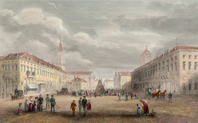Der Marktplatz von Norden um 1830 mit Pyramide, Evangelischer Stadtkirche und Rathaus.<br />StadtAK 8/PBS oXIIIb 160