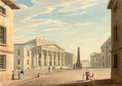 Rondellplatz mit Markgräflichem Palais und Denkmal für Großherzog Karl um 1830.<br />StadtAK 8/PBS oXIIIb 372