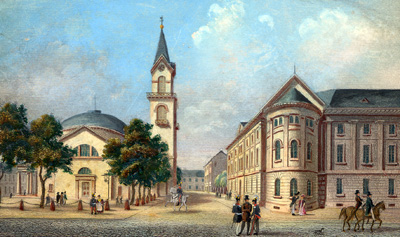 Das Ständehaus an der Ritterstraße. Links die Katholische Stadtkirche.<br />StadtAK 8/PBS oXIVa 1242